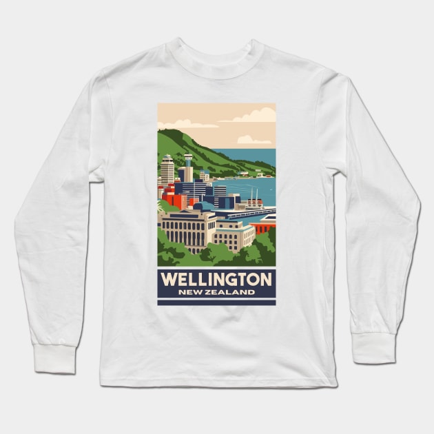 A Vintage Travel Art of Wellington - New Zealand Long Sleeve T-Shirt by goodoldvintage